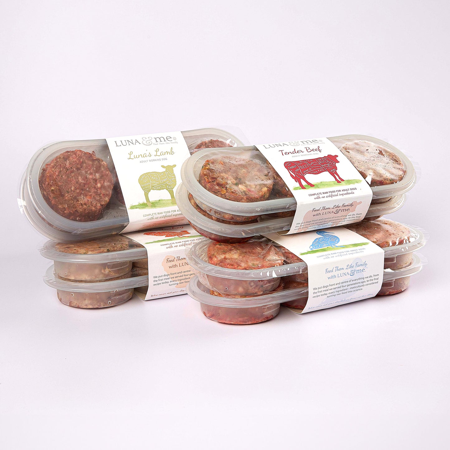 Four stacked plastic containers filled with LUNA & me Gentle Essentials raw dog food patties