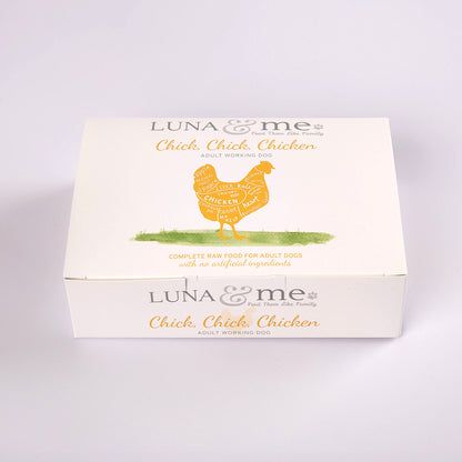 A box of Chick, Chick, Chicken raw dog food from LUNA & me