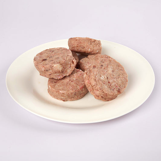 Six Turkey raw dog food patties on a white plate from LUNA & me