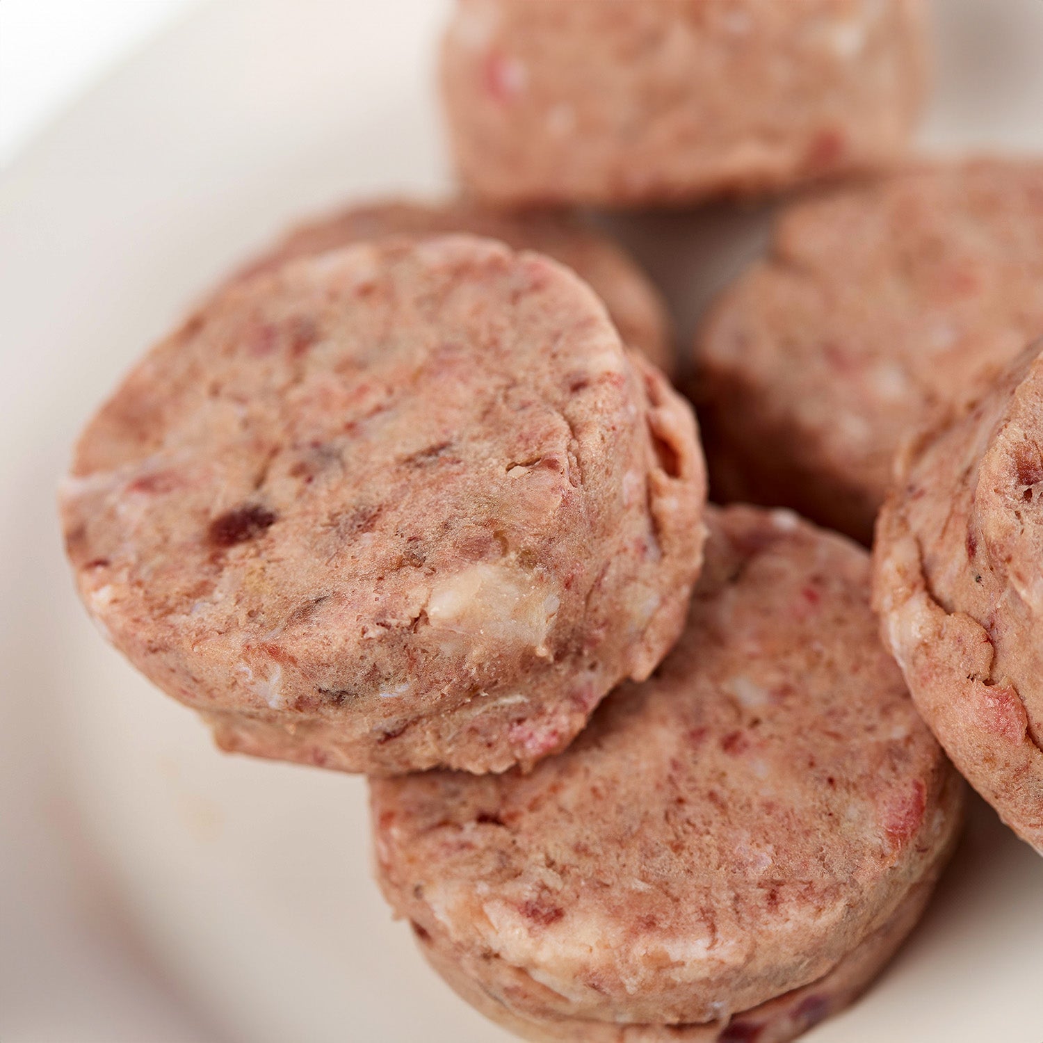 Close up of turkey raw dog food patties from LUNA & me