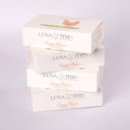 Four stacked boxes filled with LUNA & me Puppy Power raw dog food mince 